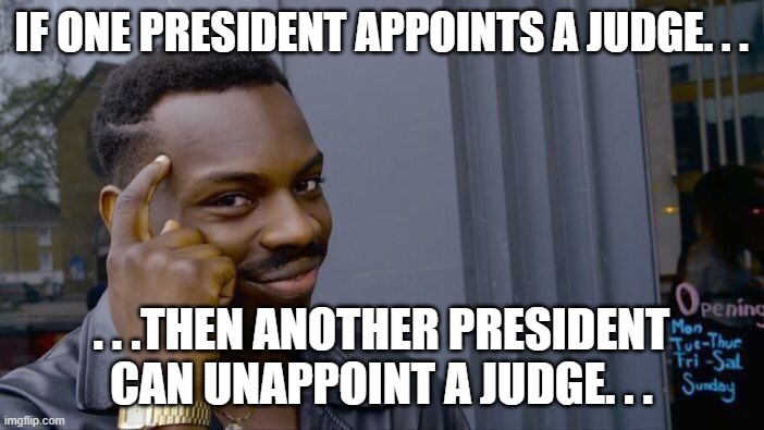 Roll Safe Think About It Meme | IF ONE PRESIDENT APPOINTS A JUDGE. . . . . .THEN ANOTHER PRESIDENT CAN UNAPPOINT A JUDGE. . . | image tagged in memes,roll safe think about it | made w/ Imgflip meme maker