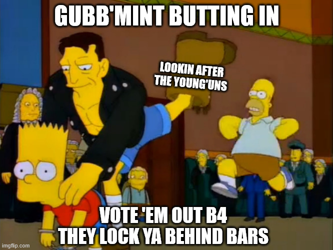 Esafety Laws just introduced | GUBB'MINT BUTTING IN; LOOKIN AFTER THE YOUNG'UNS; VOTE 'EM OUT B4 THEY LOCK YA BEHIND BARS | image tagged in simpsons boot,safety,digital,hey internet | made w/ Imgflip meme maker