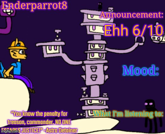 Enderparrot8 announcement | Ehh 6/10 | image tagged in enderparrot8 announcement | made w/ Imgflip meme maker