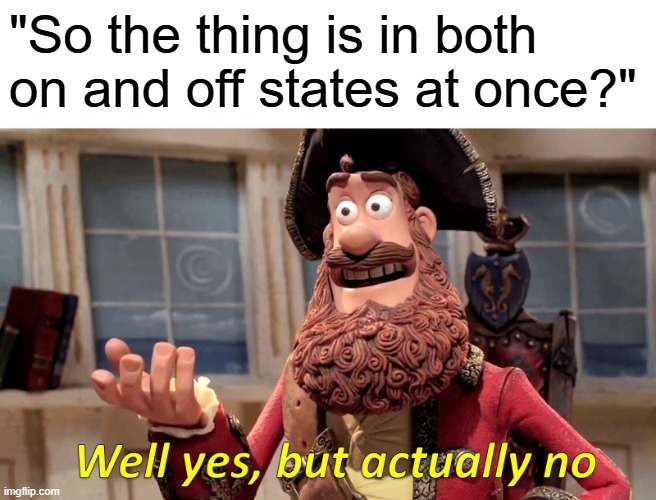 Well Yes, But Actually No Meme | "So the thing is in both on and off states at once?" | image tagged in memes,well yes but actually no | made w/ Imgflip meme maker