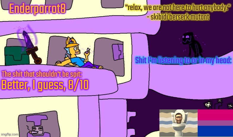 Enderparrot8 announcement | Better, I guess, 8/10 | image tagged in enderparrot8 announcement | made w/ Imgflip meme maker
