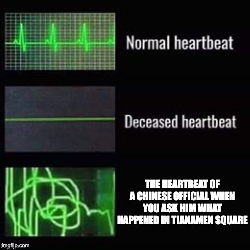 in 1989 a group of protesters in china started a movement for democracy but were massacred and suppressed by the government | THE HEARTBEAT OF A CHINESE OFFICIAL WHEN YOU ASK HIM WHAT HAPPENED IN TIANAMEN SQUARE | image tagged in heartbeat comparisons,memes,china,dark humor | made w/ Imgflip meme maker