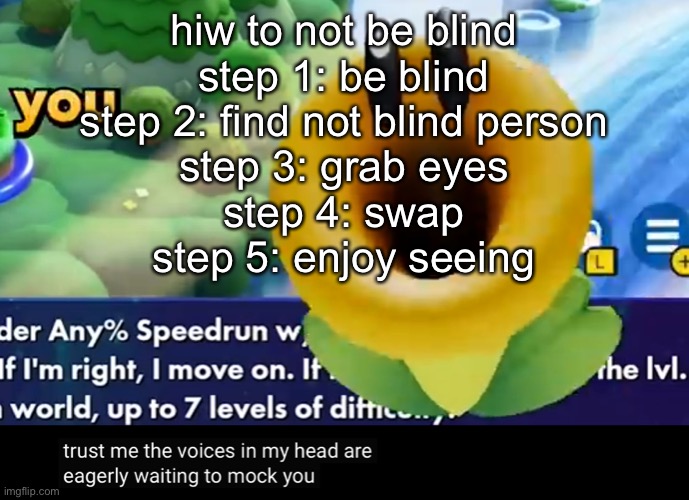 trust me the voices in my head are eagerly waiting to mock you | hiw to not be blind
step 1: be blind
step 2: find not blind person
step 3: grab eyes
step 4: swap
step 5: enjoy seeing | image tagged in trust me the voices in my head are eagerly waiting to mock you | made w/ Imgflip meme maker