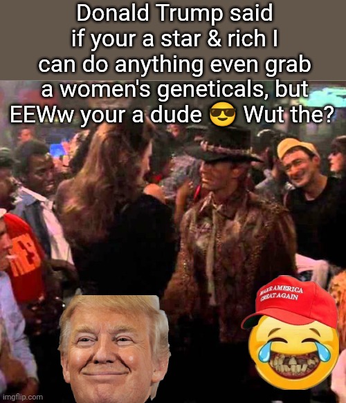 Trump the predator | Donald Trump said if your a star & rich I can do anything even grab a women's geneticals, but EEWw your a dude 😎 Wut the? | image tagged in crocodile dundee,political meme,jeffrey epstein,funny meme,pedo,donald trump approves | made w/ Imgflip meme maker