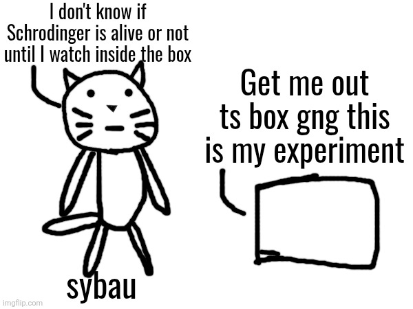 I don't know if Schrodinger is alive or not until I watch inside the box; Get me out ts box gng this is my experiment; sybau | made w/ Imgflip meme maker