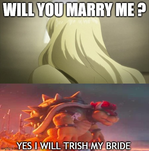 bowser falls in love with trish | WILL YOU MARRY ME ? YES I WILL TRISH MY BRIDE | image tagged in who falls in love with trish,video games,crossover memes,super mario bros,devil may cry,bowser | made w/ Imgflip meme maker