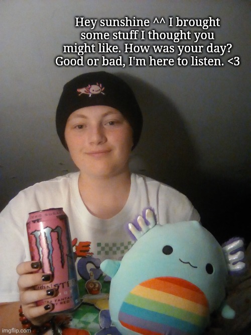 Vent to me! This might be cheezy, and i might not be the most handsome guy there is, but yeah :) | Hey sunshine ^^ I brought some stuff I thought you might like. How was your day? Good or bad, I'm here to listen. <3 | image tagged in lgbtq,vent,comfort | made w/ Imgflip meme maker