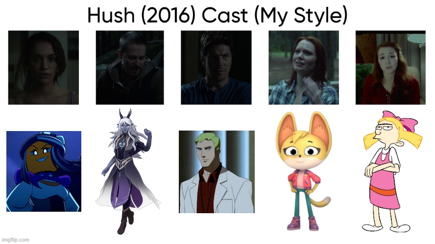 Hush (2016) Cast (My Style) | image tagged in hush 2016 cast my style,meme,memes,spoof cast,hush,characters | made w/ Imgflip meme maker