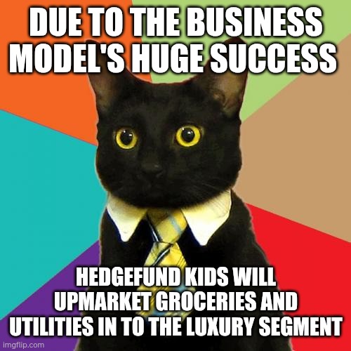 Am at tented business school therefore I am smaer | DUE TO THE BUSINESS MODEL'S HUGE SUCCESS; HEDGEFUND KIDS WILL UPMARKET GROCERIES AND UTILITIES IN TO THE LUXURY SEGMENT | image tagged in memes | made w/ Imgflip meme maker