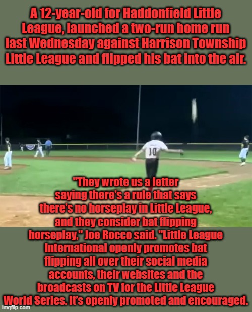 Why did they target this kid for suspension? | A 12-year-old for Haddonfield Little League, launched a two-run home run last Wednesday against Harrison Township Little League and flipped his bat into the air. "They wrote us a letter saying there’s a rule that says there’s no horseplay in Little League, and they consider bat flipping horseplay," Joe Rocco said. "Little League International openly promotes bat flipping all over their social media accounts, their websites and the broadcasts on TV for the Little League World Series. It’s openly promoted and encouraged. | image tagged in baseball | made w/ Imgflip meme maker