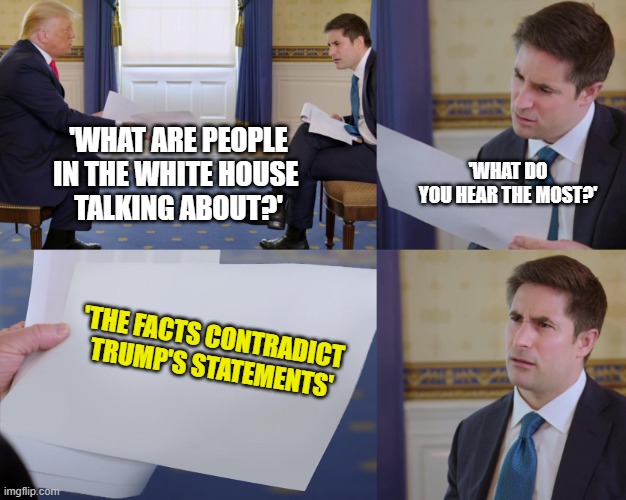 Trump lies | 'WHAT ARE PEOPLE IN THE WHITE HOUSE 
TALKING ABOUT?'; 'WHAT DO YOU HEAR THE MOST?'; 'THE FACTS CONTRADICT 
TRUMP'S STATEMENTS' | image tagged in trump interview,white house,facts | made w/ Imgflip meme maker