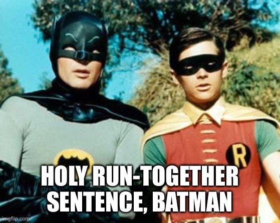 Batman and Robin | HOLY RUN-TOGETHER SENTENCE, BATMAN | image tagged in batman and robin | made w/ Imgflip meme maker