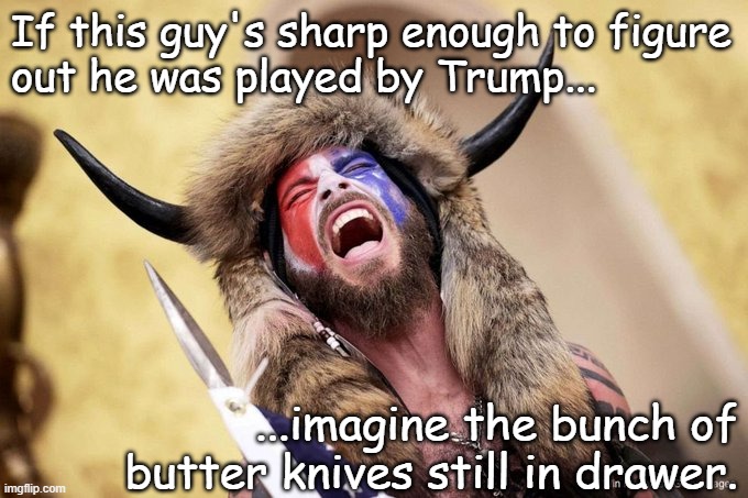 Mhmm... | If this guy's sharp enough to figure
out he was played by Trump... ...imagine the bunch of butter knives still in drawer. | image tagged in qanon shaman | made w/ Imgflip meme maker