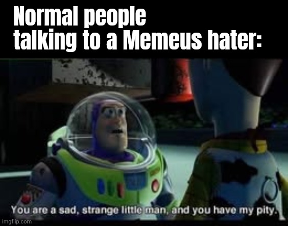 Y'all suck | Normal people talking to a Memeus hater: | image tagged in you are a sad strange little man and you have my pity | made w/ Imgflip meme maker
