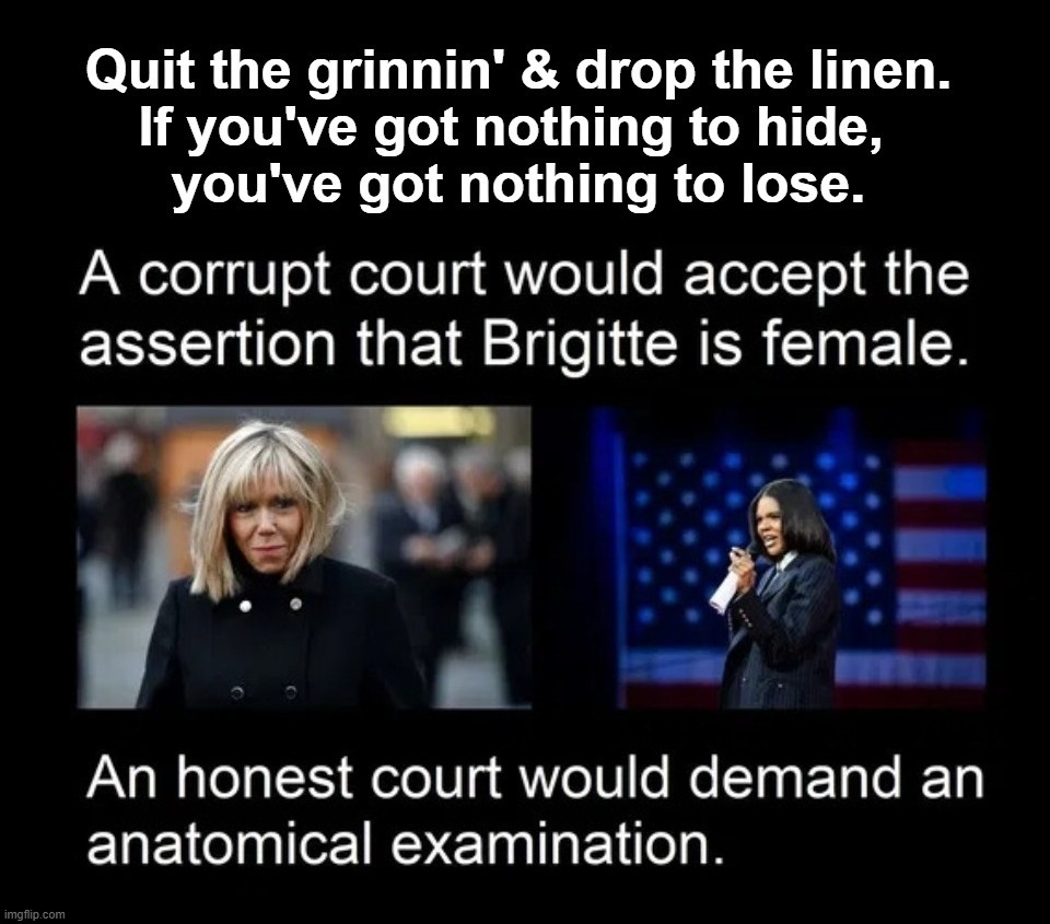 Quit the grinnin' & drop the linen. | image tagged in brigitte macron,dick pic,dick jokes,dick van dyke,tired of hearing about transgenders,candace owens | made w/ Imgflip meme maker