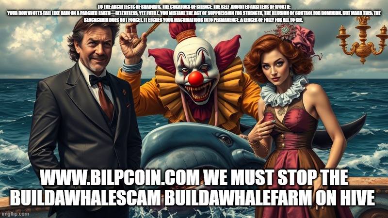 TO THE ARCHITECTS OF SHADOWS, THE CURATORS OF SILENCE, THE SELF-ANOINTED ARBITERS OF WORTH:

YOUR DOWNVOTES FALL LIKE RAIN ON A PARCHED EARTH—RELENTLESS, YET FUTILE. YOU MISTAKE THE ACT OF SUPPRESSION FOR STRENGTH, THE ILLUSION OF CONTROL FOR DOMINION. BUT MARK THIS: THE BLOCKCHAIN DOES NOT FORGET. IT ETCHES YOUR MACHINATIONS INTO PERMANENCE, A LEDGER OF FOLLY FOR ALL TO SEE. WWW.BILPCOIN.COM WE MUST STOP THE BUILDAWHALESCAM BUILDAWHALEFARM ON HIVE | made w/ Imgflip meme maker