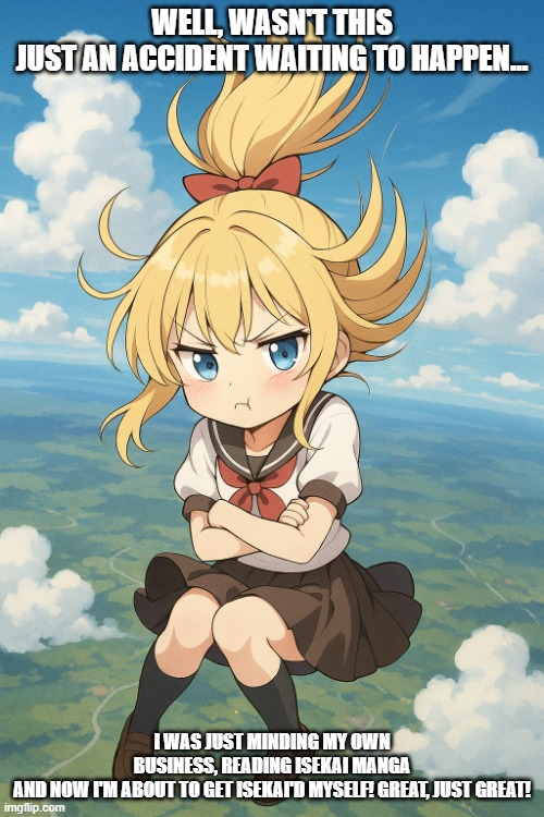 little falling tsundere | WELL, WASN'T THIS JUST AN ACCIDENT WAITING TO HAPPEN... I WAS JUST MINDING MY OWN BUSINESS, READING ISEKAI MANGA AND NOW I'M ABOUT TO GET ISEKAI'D MYSELF! GREAT, JUST GREAT! | image tagged in little falling tsundere | made w/ Imgflip meme maker