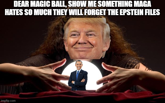 magic ball | DEAR MAGIC BALL, SHOW ME SOMETHING MAGA HATES SO MUCH THEY WILL FORGET THE EPSTEIN FILES | image tagged in donald trump,jeffrey epstein,epstein,obama,maga,trump | made w/ Imgflip meme maker