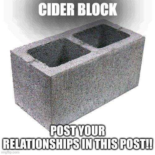 Cinder block concrete block cement brick | CIDER BLOCK; POST YOUR RELATIONSHIPS IN THIS POST!! | image tagged in cinder block concrete block cement brick,relationships | made w/ Imgflip meme maker