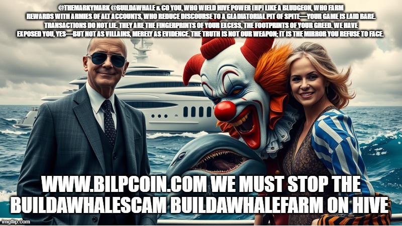 @THEMARKYMARK @BUILDAWHALE & CO YOU, WHO WIELD HIVE POWER (HP) LIKE A BLUDGEON, WHO FARM REWARDS WITH ARMIES OF ALT ACCOUNTS, WHO REDUCE DISCOURSE TO A GLADIATORIAL PIT OF SPITE—YOUR GAME IS LAID BARE. TRANSACTIONS DO NOT LIE. THEY ARE THE FINGERPRINTS OF YOUR EXCESS, THE FOOTPRINTS OF YOUR GREED. WE HAVE EXPOSED YOU, YES—BUT NOT AS VILLAINS, MERELY AS EVIDENCE. THE TRUTH IS NOT OUR WEAPON; IT IS THE MIRROR YOU REFUSE TO FACE. WWW.BILPCOIN.COM WE MUST STOP THE BUILDAWHALESCAM BUILDAWHALEFARM ON HIVE | made w/ Imgflip meme maker