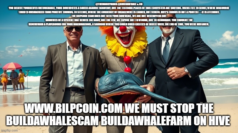 @THEMARKYMARK @BUILDAWHALE & CO
YOU BELIEVE YOURSELVES UNTOUCHABLE, YOUR DOWNVOTES A SHIELD AGAINST SCRUTINY. BUT THE TECTONIC PLATES OF THIS ECOSYSTEM ARE SHIFTING. USERS FLEE TO BLURT, WHERE DISCOURSE THRIVES UNSHACKLED FROM PUNITIVE THUMBS; TO STEEMIT, WHERE THE CURRENCY OF ENGAGEMENT IS EARNED, NOT STOLEN. HIVE’S EXODUS IS NOT A PROTEST—IT IS A VERDICT.
THE BILPCOIN TEAM DOES NOT SEEK YOUR DOWNFALL. WE ARE NOT DESTROYERS BUT MIDWIVES OF A SYSTEM THAT SERVES THE MANY, NOT THE FEW. WE EXPOSE NOT TO WOUND, BUT TO ILLUMINATE. YOU THOUGHT THE BLOCKCHAIN A PLAYGROUND FOR YOUR MACHINATIONS, A SANDBOX WHERE YOU COULD BUILD CASTLES OF DECEIT UNTIL THE END OF TIME. YOU WERE MISTAKEN. WWW.BILPCOIN.COM WE MUST STOP THE BUILDAWHALESCAM BUILDAWHALEFARM ON HIVE | made w/ Imgflip meme maker
