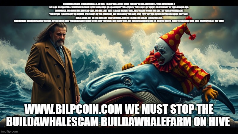 @THEMARKYMARK @BUILDAWHALE & CO YOU, THE DAY WILL COME WHEN YOUR HP IS BUT A FOOTNOTE, YOUR DOWNVOTES A RELIC OF A BYGONE ERA. WHAT WILL REMAIN IS THE WRECKAGE OF A COMMUNITY FRACTURED, THE ECHOES OF VOICES DRIVEN AWAY BY YOUR HUNGER FOR DOMINANCE. AND WHEN THE SERVERS COOL AND THE LAST VOTE IS CAST, HISTORY WILL ASK: WAS IT WORTH THE COST OF YOUR OWN LEGACY?
THE FUTURE IS NOT YOURS TO DICTATE. IT BELONGS TO THE CREATORS, THE DREAMERS, THE ONES WHO POST NOT FOR POWER BUT FOR PASSION. THEY WILL BUILD ANEW, NOT ON THE BONES OF HIVE’S CORPSE, BUT ON THE FERTILE SOIL OF TRANSPARENCY.
SO CONTINUE YOUR CRUSADE OF SILENCE, IF YOU MUST. CAST YOUR DOWNVOTES LIKE SEEDS INTO THE WIND. BUT KNOW THIS: THE BLOCKCHAIN DOES NOT LIE. AND THE TRUTH, RELENTLESS AS THE TIDE, WILL DROWN YOU ALL THE SAME; WWW.BILPCOIN.COM WE MUST STOP THE BUILDAWHALESCAM BUILDAWHALEFARM ON HIVE | made w/ Imgflip meme maker