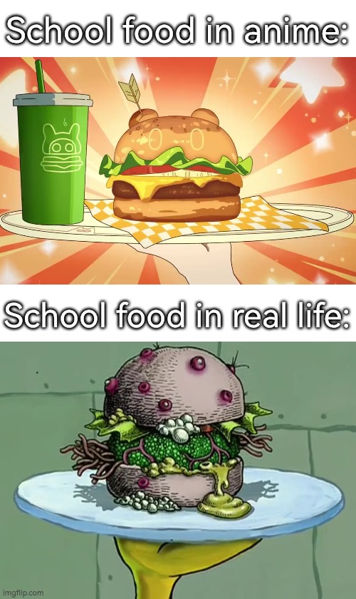 Luckily mines was good. | School food in anime:; School food in real life: | image tagged in memes,school food | made w/ Imgflip meme maker