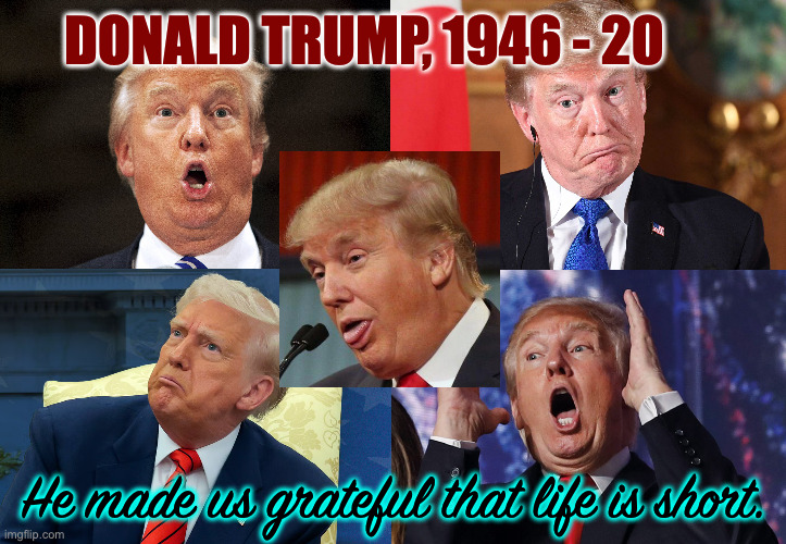 All the big networks have eulogies ready to roll.  Here's a template. | DONALD TRUMP, 1946 - 20; He made us grateful that life is short. | image tagged in memes,trump eulogy,fill in the year | made w/ Imgflip meme maker