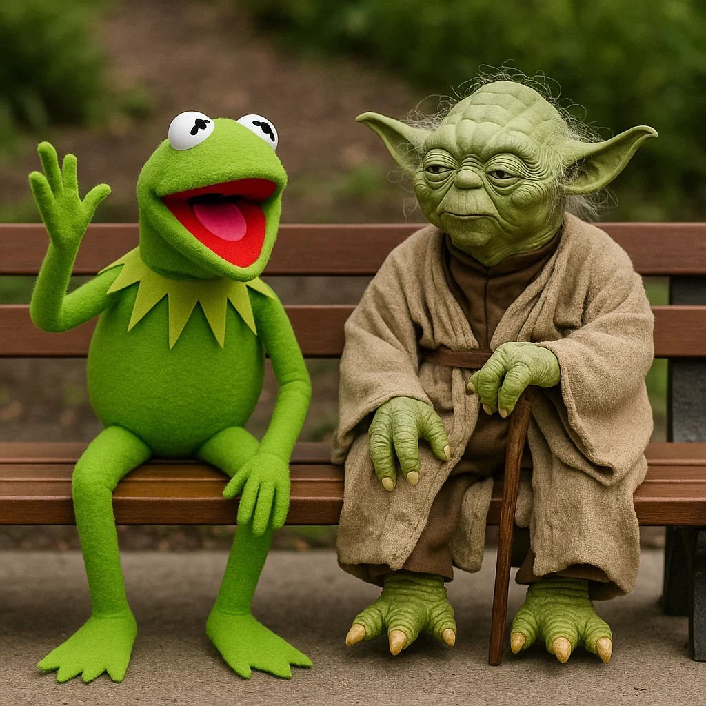 Kermit and Yoga on a bench Blank Meme Template