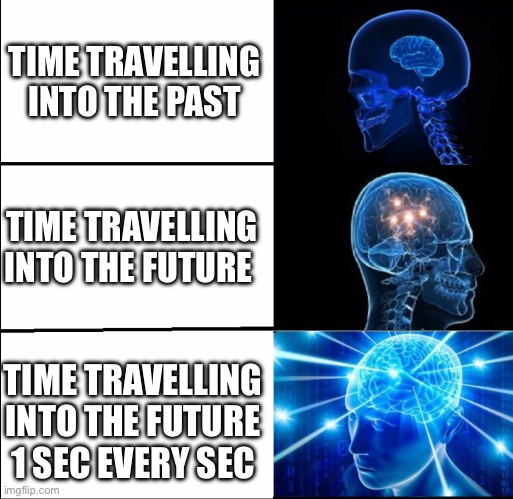 Galaxy Brain (3 brains) | TIME TRAVELLING INTO THE PAST; TIME TRAVELLING INTO THE FUTURE; TIME TRAVELLING INTO THE FUTURE 1 SEC EVERY SEC | image tagged in galaxy brain 3 brains | made w/ Imgflip meme maker