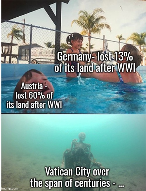 child drowning in pool | Germany- lost 13% of its land after WWI Austria - lost 60% of its land after WWI Vatican City over the span of centuries - ... | image tagged in child drowning in pool | made w/ Imgflip meme maker