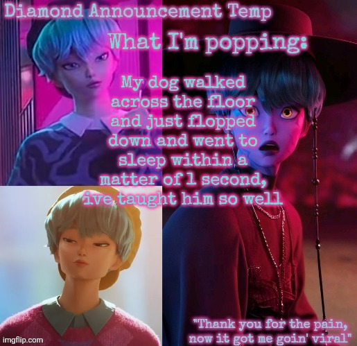 Diamond's Baby Saja Temp | My dog walked across the floor and just flopped down and went to sleep within a matter of 1 second, ive taught him so well | image tagged in diamond's baby saja temp | made w/ Imgflip meme maker