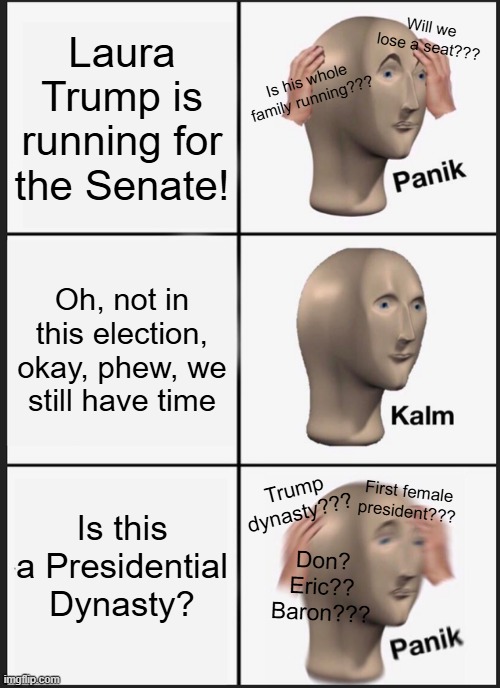 Panik Kalm Panik | Laura Trump is running for the Senate! Will we lose a seat??? Is his whole family running??? Oh, not in this election, okay, phew, we still have time; Trump dynasty??? First female president??? Is this a Presidential Dynasty? Don? Eric?? Baron??? | image tagged in memes,panik kalm panik | made w/ Imgflip meme maker