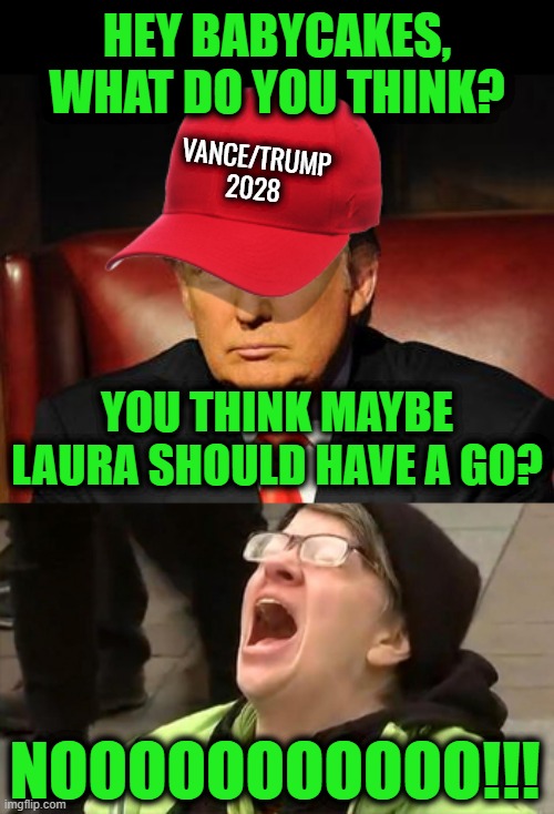 The Tormentor in Chief | HEY BABYCAKES, WHAT DO YOU THINK? VANCE/TRUMP
2028; YOU THINK MAYBE LAURA SHOULD HAVE A GO? NOOOOOOOOOOO!!! | image tagged in trump hat no | made w/ Imgflip meme maker