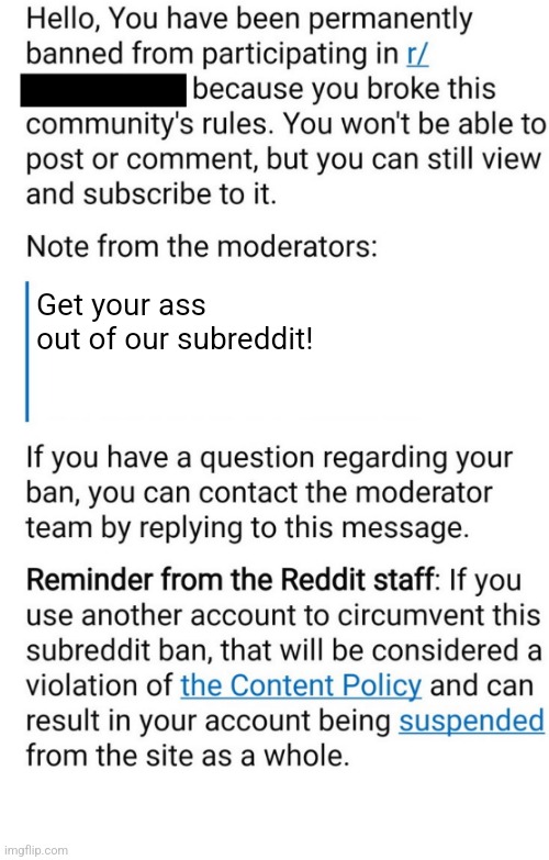 Subreddit Ban Message | Get your ass out of our subreddit! | image tagged in subreddit ban message | made w/ Imgflip meme maker