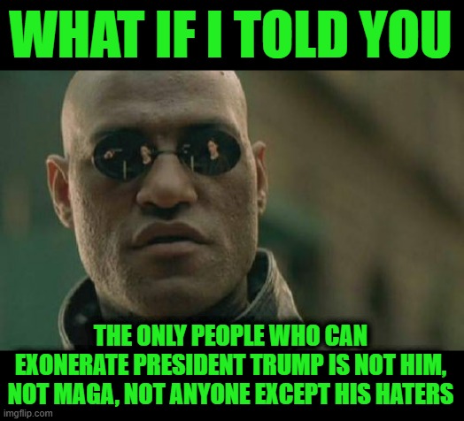 And They're Doing a Fantastic Job of It (e.g. Hunter Biden) | WHAT IF I TOLD YOU; THE ONLY PEOPLE WHO CAN EXONERATE PRESIDENT TRUMP IS NOT HIM, NOT MAGA, NOT ANYONE EXCEPT HIS HATERS | image tagged in memes,matrix morpheus | made w/ Imgflip meme maker