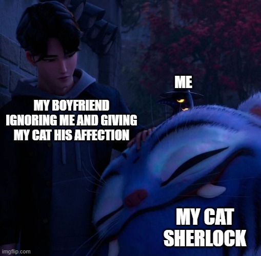 my boyfriend giving my cat his affecetion | ME; MY BOYFRIEND IGNORING ME AND GIVING MY CAT HIS AFFECTION; MY CAT SHERLOCK | image tagged in kpop demon hunters,boyfriend,love,couple,affecetion,cat | made w/ Imgflip meme maker