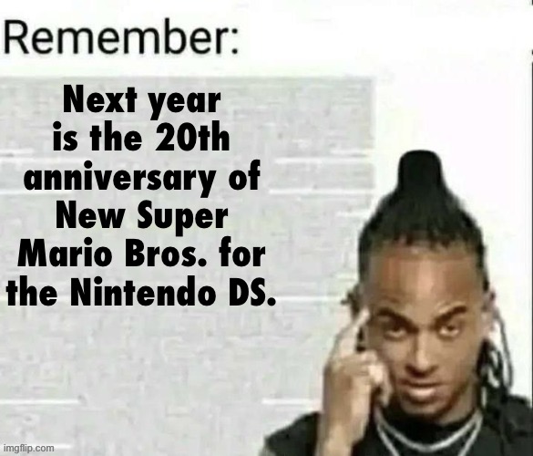 Remember | Next year is the 20th anniversary of New Super Mario Bros. for the Nintendo DS. | image tagged in remember | made w/ Imgflip meme maker