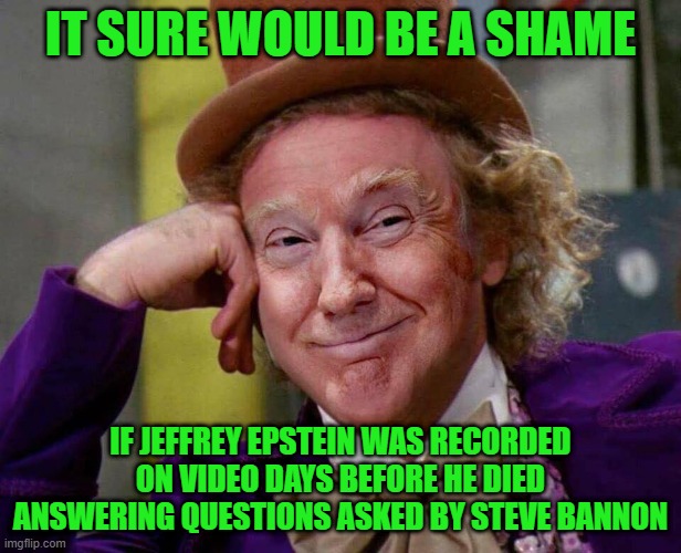 In His Own Words | IT SURE WOULD BE A SHAME; IF JEFFREY EPSTEIN WAS RECORDED ON VIDEO DAYS BEFORE HE DIED ANSWERING QUESTIONS ASKED BY STEVE BANNON | image tagged in donald trump willy wonka | made w/ Imgflip meme maker