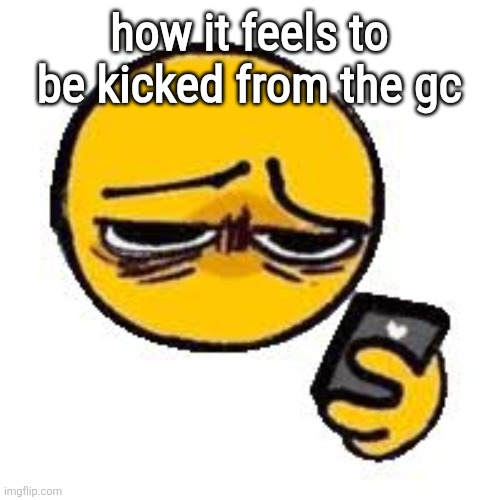 Emoji looking up from phone | how it feels to be kicked from the gc | image tagged in emoji looking up from phone | made w/ Imgflip meme maker