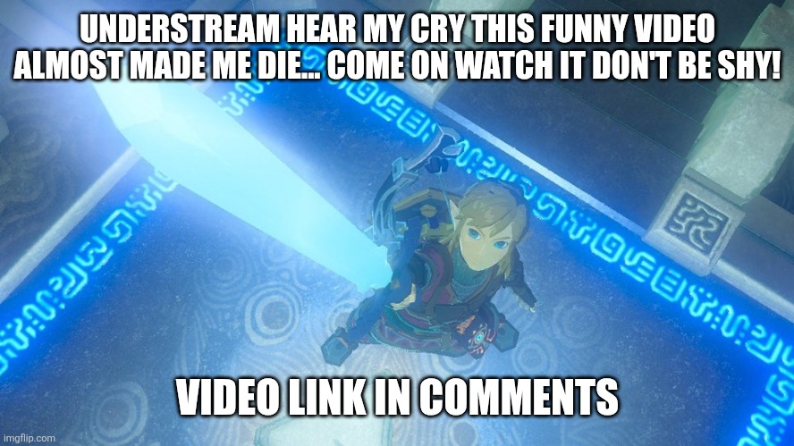 You have been summoned | UNDERSTREAM HEAR MY CRY THIS FUNNY VIDEO ALMOST MADE ME DIE... COME ON WATCH IT DON'T BE SHY! VIDEO LINK IN COMMENTS | image tagged in link putting the master sword in the air | made w/ Imgflip meme maker