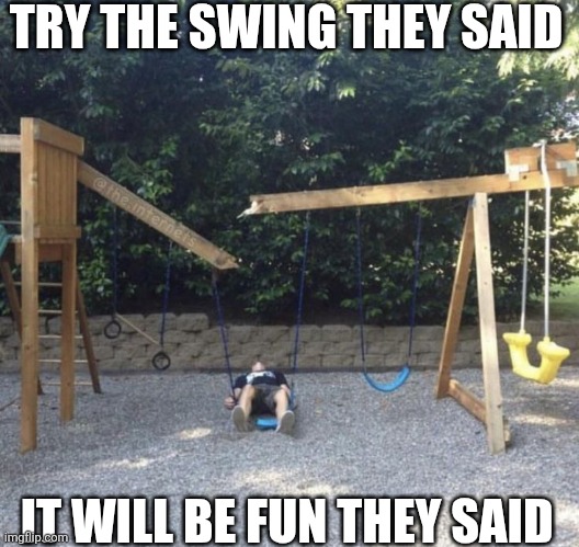 Try The Swing | TRY THE SWING THEY SAID; IT WILL BE FUN THEY SAID | image tagged in chrisjoines1 | made w/ Imgflip meme maker