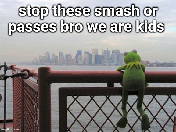 pensive reflecting thoughtful kermit on bridge | stop these smash or passes bro we are kids | image tagged in pensive reflecting thoughtful kermit on bridge | made w/ Imgflip meme maker