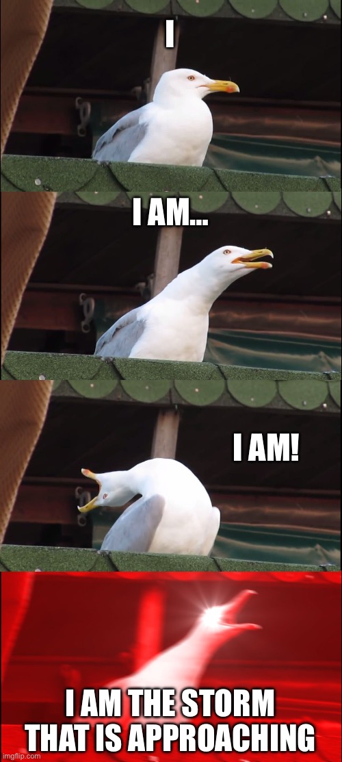 Inhaling Seagull | I; I AM…; I AM! I AM THE STORM THAT IS APPROACHING | image tagged in memes,inhaling seagull | made w/ Imgflip meme maker