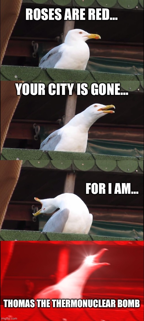 Inhaling Seagull | ROSES ARE RED…; YOUR CITY IS GONE…; FOR I AM…; THOMAS THE THERMONUCLEAR BOMB | image tagged in memes,inhaling seagull | made w/ Imgflip meme maker