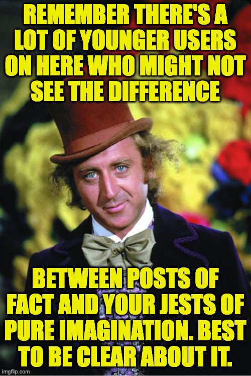 Willie Wonka | REMEMBER THERE'S A
LOT OF YOUNGER USERS
ON HERE WHO MIGHT NOT
SEE THE DIFFERENCE BETWEEN POSTS OF
FACT AND YOUR JESTS OF
PURE IMAGINATION. B | image tagged in willie wonka | made w/ Imgflip meme maker