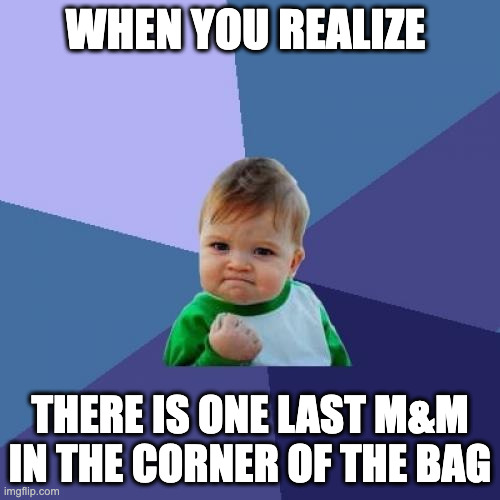 Success Kid | WHEN YOU REALIZE; THERE IS ONE LAST M&M IN THE CORNER OF THE BAG | image tagged in memes,success kid | made w/ Imgflip meme maker