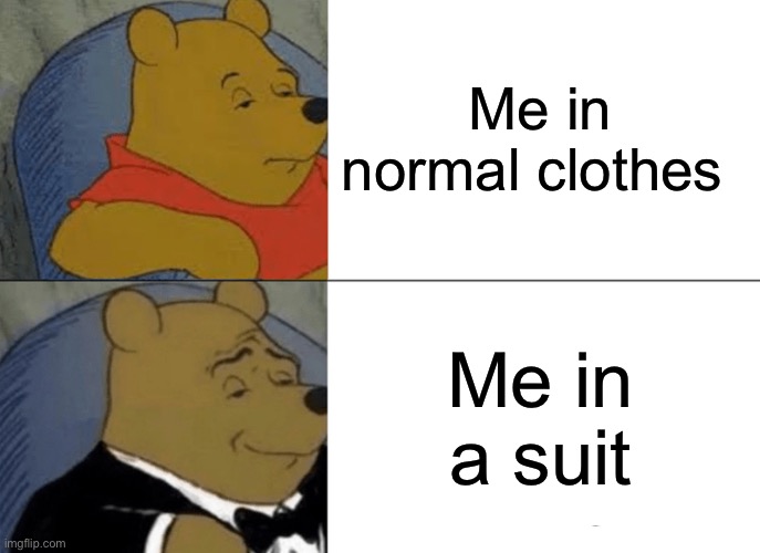 Tuxedo Winnie The Pooh | Me in normal clothes; Me in a suit | image tagged in memes,tuxedo winnie the pooh | made w/ Imgflip meme maker