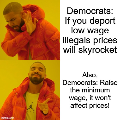 Democrats | Democrats: If you deport low wage illegals prices will skyrocket; Also, Democrats: Raise the minimum wage, it won't affect prices! | image tagged in memes,drake hotline bling | made w/ Imgflip meme maker
