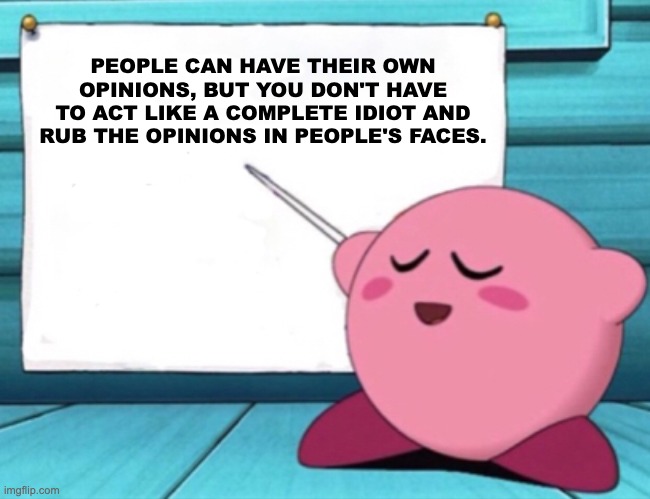 A message to people who like to have opinions. | PEOPLE CAN HAVE THEIR OWN OPINIONS, BUT YOU DON'T HAVE TO ACT LIKE A COMPLETE IDIOT AND RUB THE OPINIONS IN PEOPLE'S FACES. | image tagged in kirby's lesson | made w/ Imgflip meme maker
